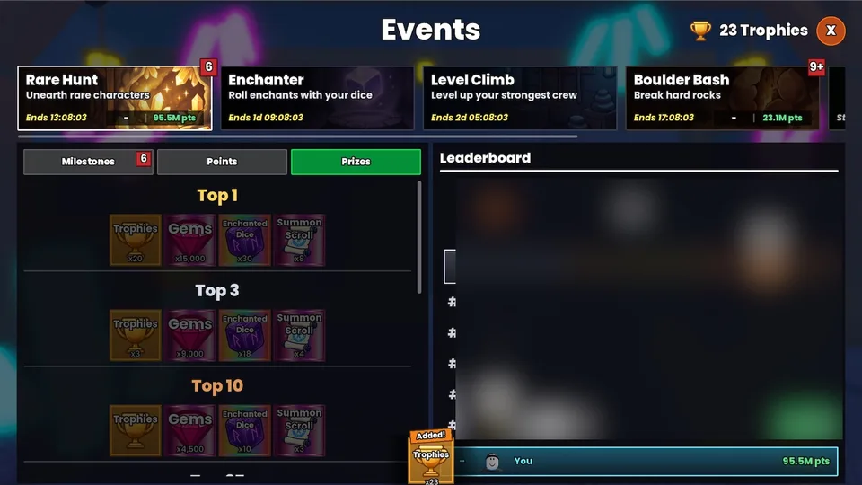 Event trophies and rewards in My Anime Mine